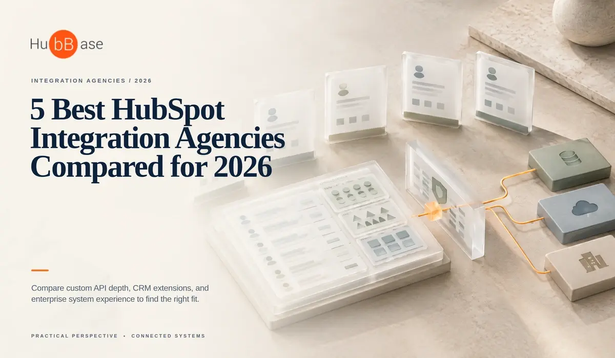 Editorial cover showing a HubSpot CRM evaluation plane connected through a verified API gateway to enterprise systems, representing integration-agency comparison.
