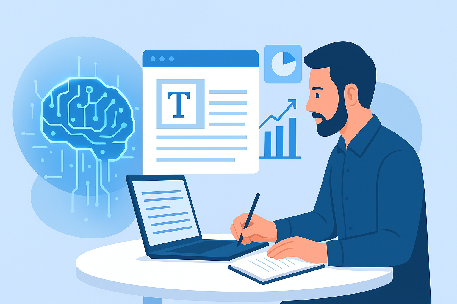 Animated person writing and using laptop