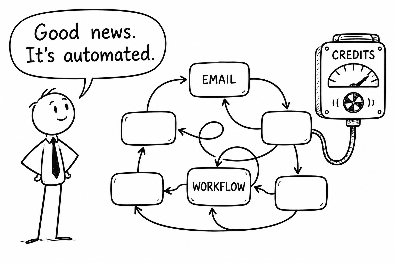 Editorial cartoon of a marketer saying Good news. It’s automated. beside a looping email workflow connected to a credits meter.