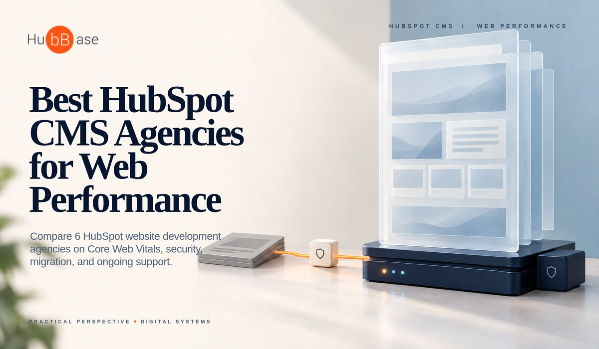 A HubBase-branded layered website CMS surface stands on a performance foundation with a fast-loading pulse, a stable response signal, aligned layout markers, and a protected delivery tile.