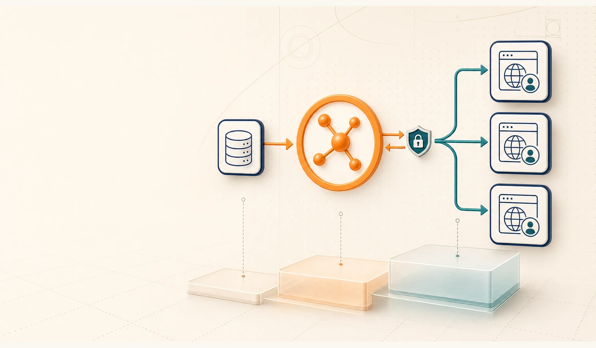 HubSpot integration architecture: database connected to HubSpot hub with security layer, branching to three isolated customer portals. Three ascending platform layers suggest integration complexity progression.