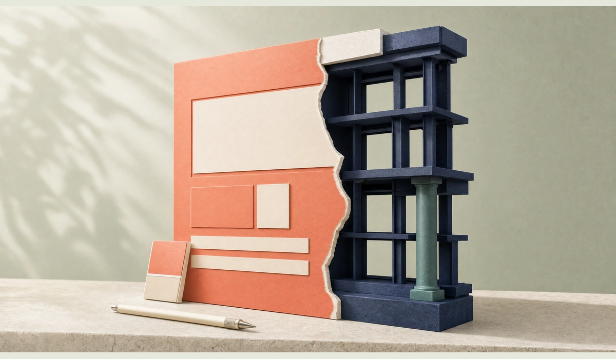 Architectural website cross-section showing a coral redesigned façade beside an exposed navy structural rebuild framework.