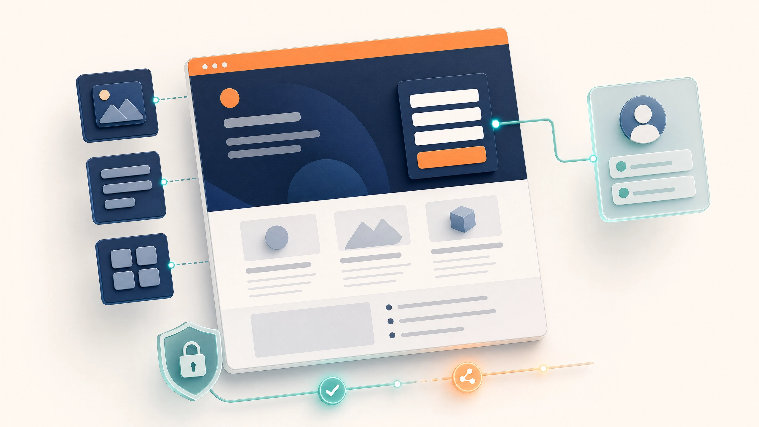 A SaaS website builder with CMS modules, lead form, CRM contact connection, automation flow, and security control.